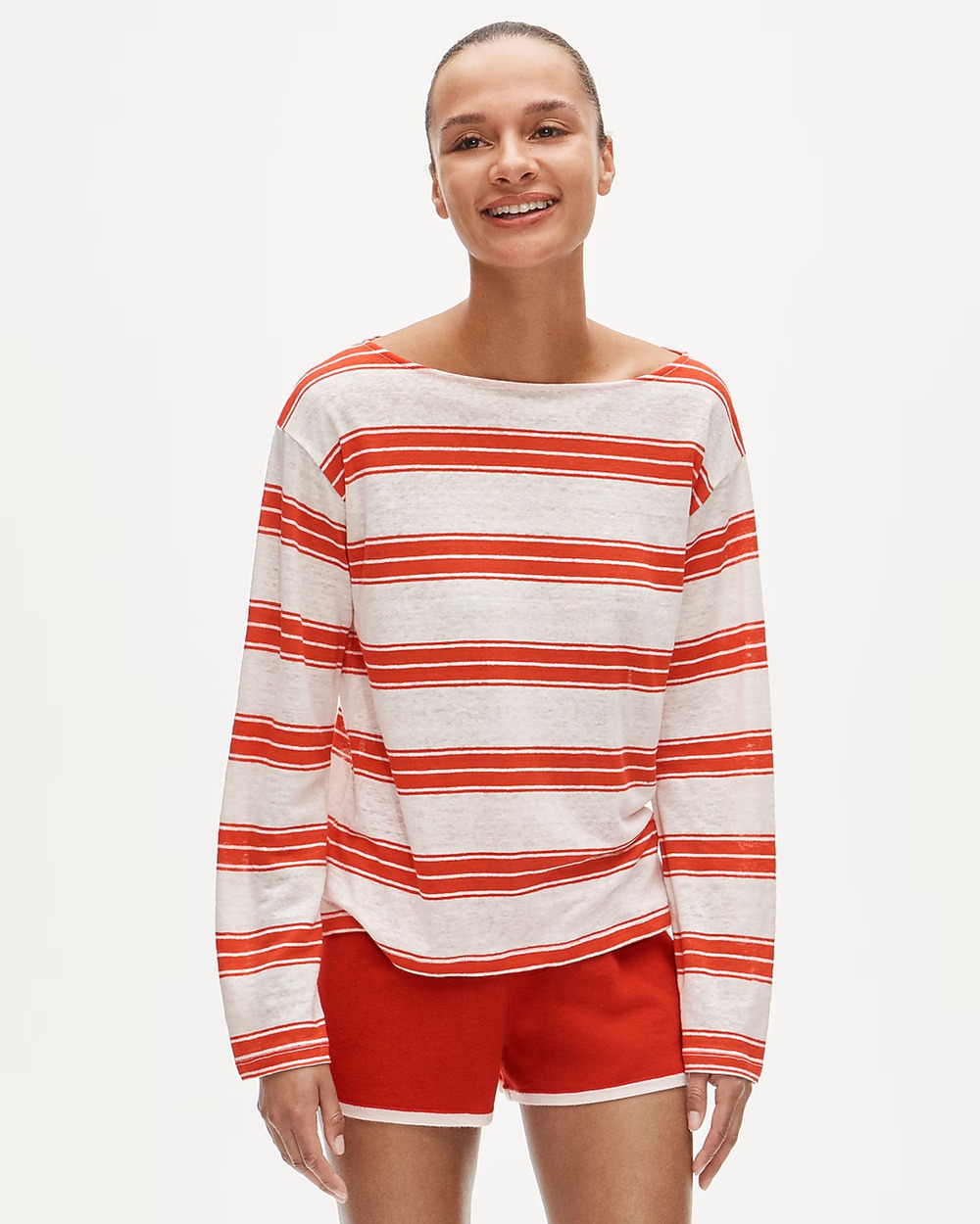 J.Crew Linen white pink striped long sleeve Top shirt Size S A010524